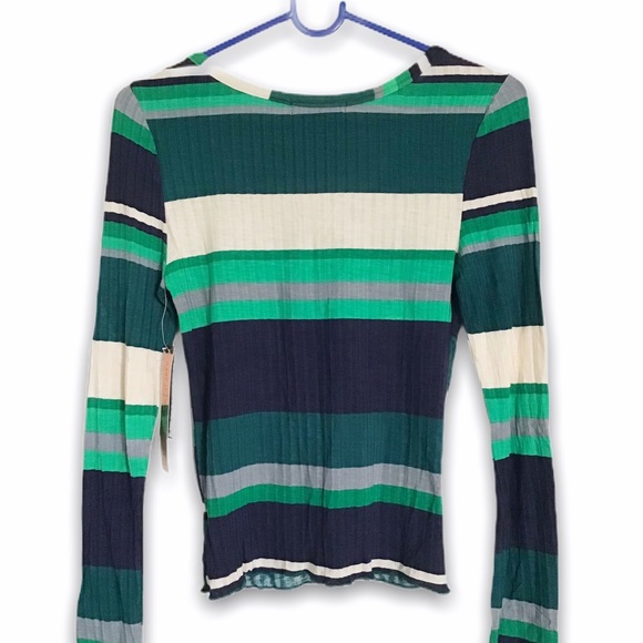 Ribbed Knit Striped Snap Button Henley Top - Picture 5 of 6